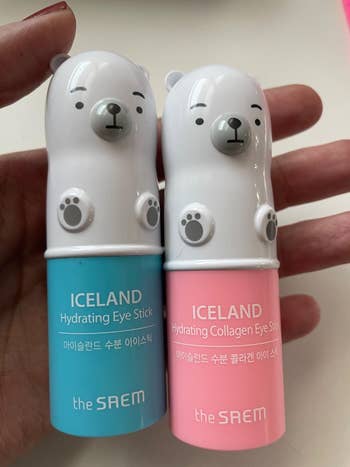 Two bear-shaped hydrating eye sticks by The Saem; Iceland design, in blue and pink packaging