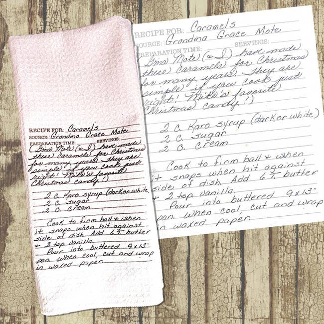 A white dishtowel with an image of a handwritten recipe screenprinted on it 