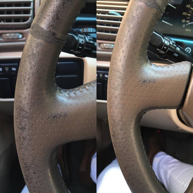 Before and aft examination of a steering instrumentality with deterioration and tear; restored to creaseless condition