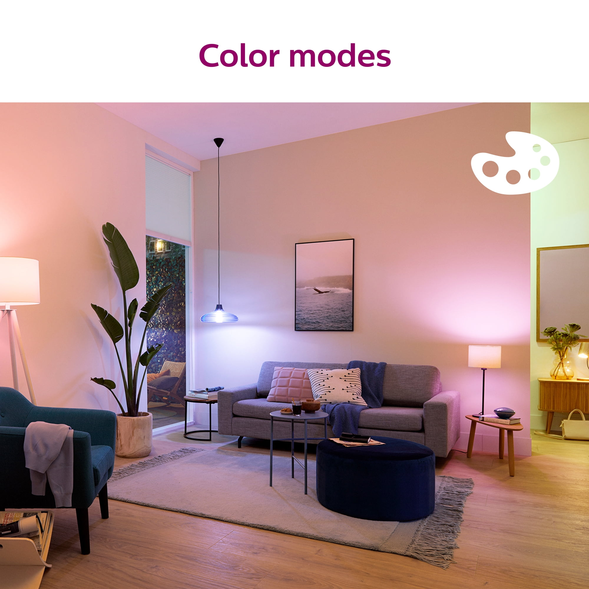 Stylish modern   surviving  country   with a cozy sofa, sleek furniture, and ambient lighting. Decor includes plants and modern  artwork