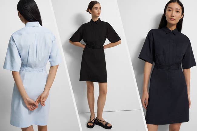 Three images of models wearing belted shirt dress