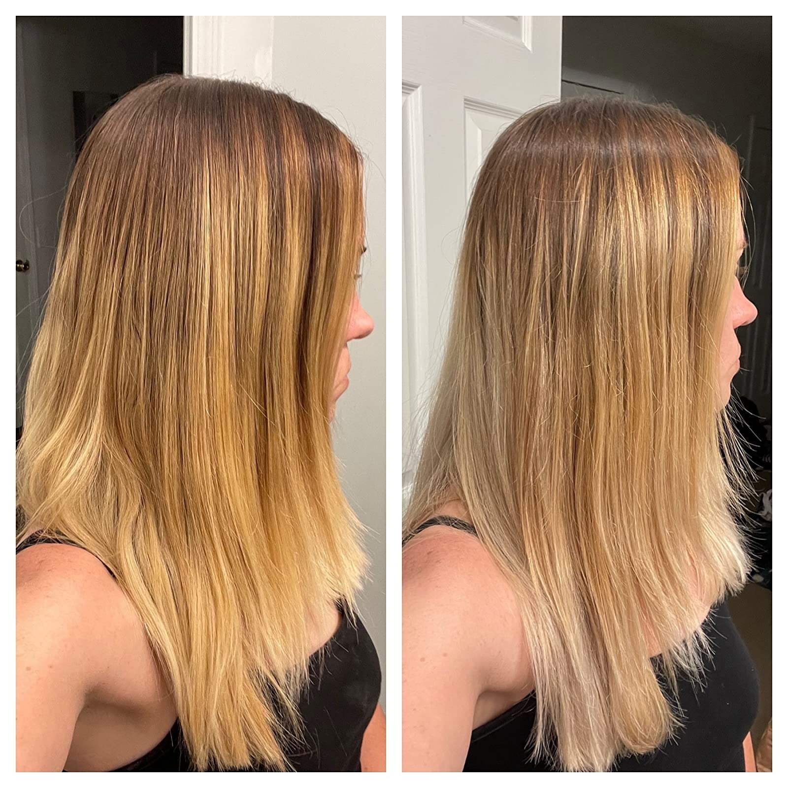 on left, reviewer with mid-length brassy blonde hair. on right, same reviewer with more bleach-blonde strands after using the purple shampoo