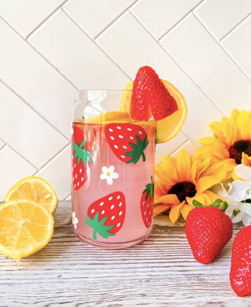 clear glass with strawberry and daisy print