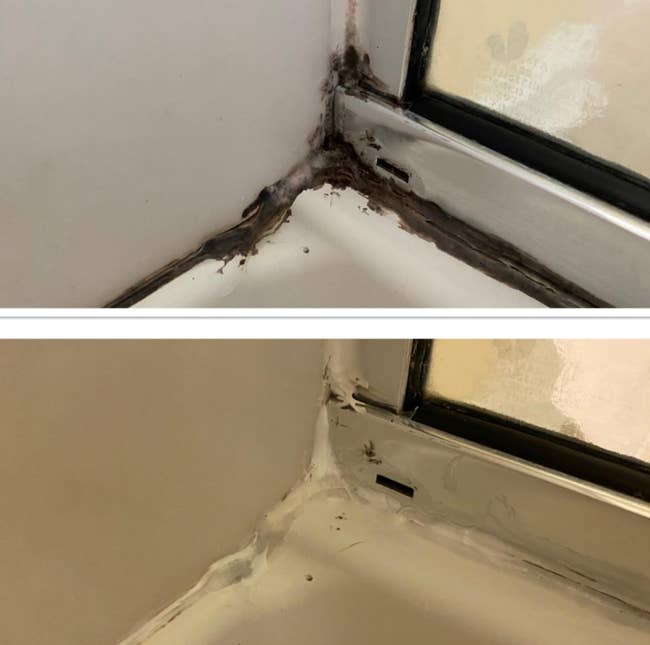 Top image shows the corner of a reviewer's shower with a lot of black mold and buildup/bottom image is the same shower but clean and white
