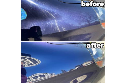 Reviewer image before and after polishing their blue car