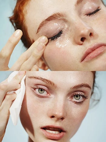  model applying the cleanser to eyelids and same model wiping away eye makeup with a cloth afterwards