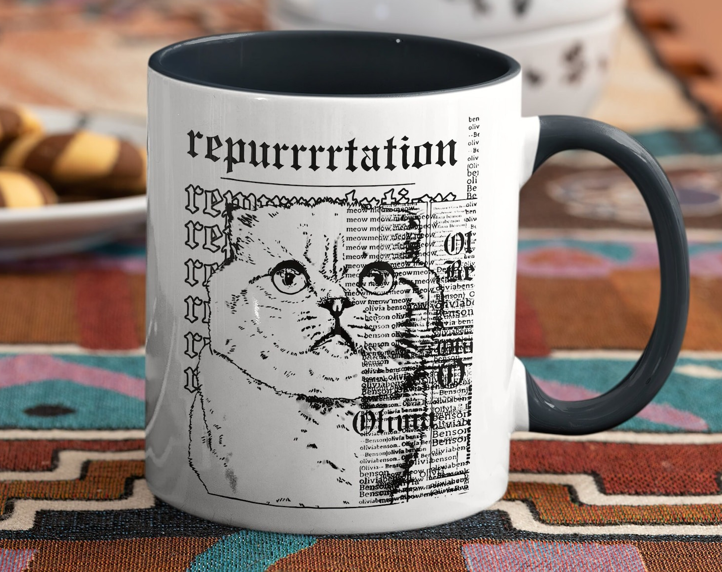 black and white mug with reputation album cover recreated with one of the cats and text repurrrrtation