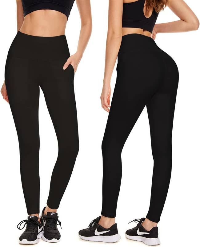 Model wearing black high waisted leggings with side pockets 