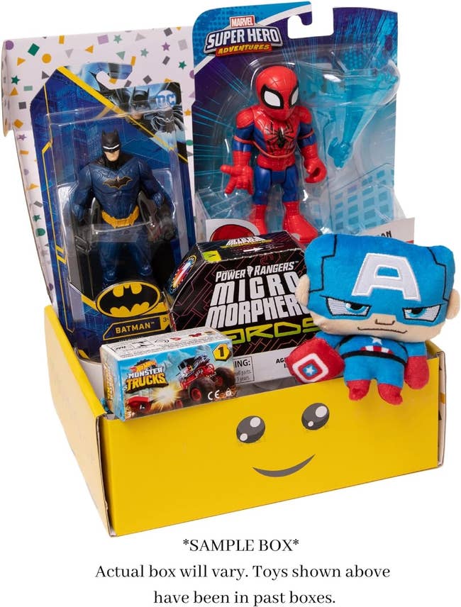 a yellow box filled with toys