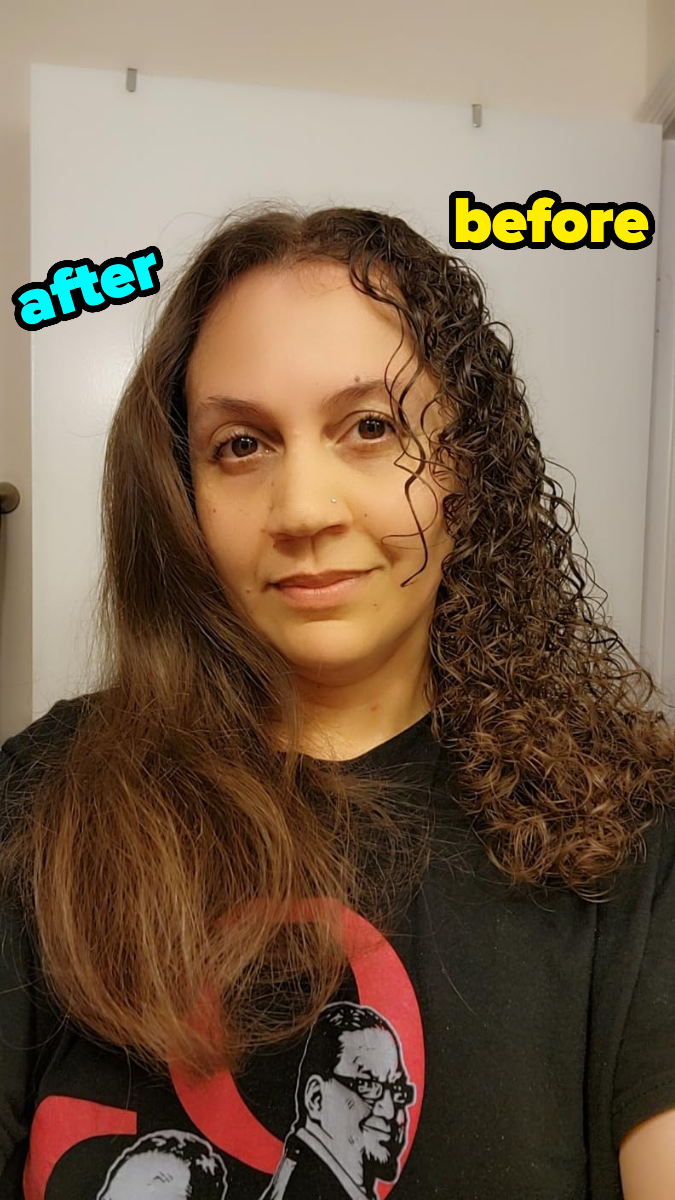 before/after of curly haired reviewer with half straightened curls