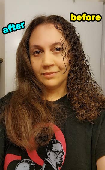 before/after of curly haired reviewer with half straightened curls