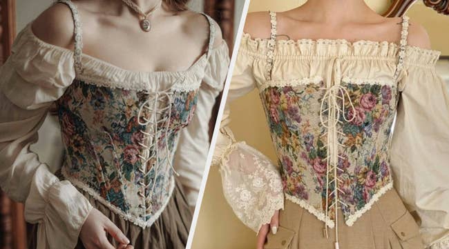Two images of models wearing the floral corset