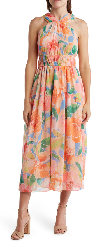 front view of a model in the pastel pink midi dress