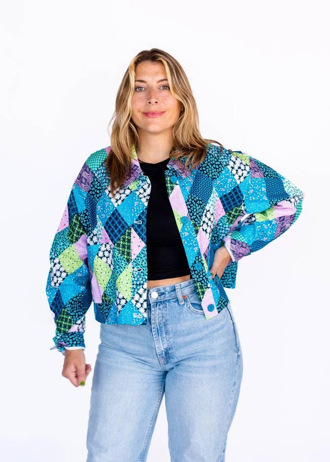 model wearing the printed patchwork jacket