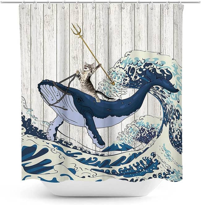 shower curtain with a kitten riding a whale