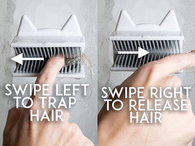 The cat shaped hair trap with bristles — swipe left to trap hair and right to release hair