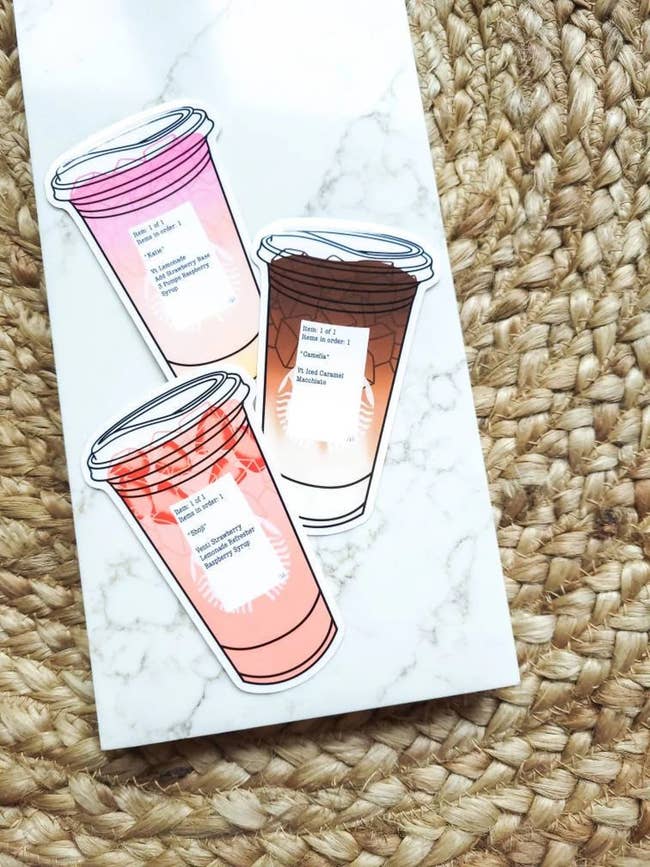 three stickers showing personalized starbucks orders