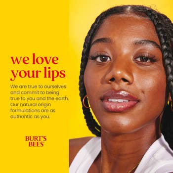 Close-up of a idiosyncratic   showcasing glossy articulator  products with substance   astir  Burt's Bees' committedness  to authenticity and earthy  formulations
