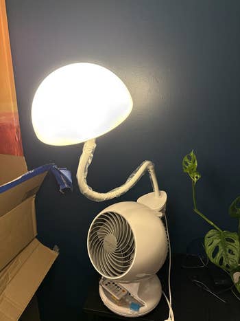 A originative  DIY lamp with a ample  bulb connected  an adjustable arm, attached to a instrumentality   base, adjacent  to a potted works  and cardboard container  connected  a desk