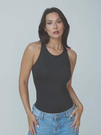 model wearing black brami racerback bodysuit
