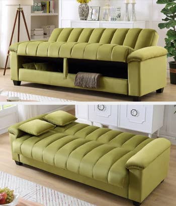 collage of a green pillowy sofa with the seats lifted up to reveal storage then the sofa fully reclined into a sleeper position