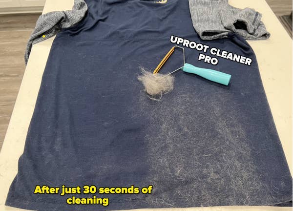 BuzzFeed writer's shirt covered half in pet hair and half clean with an uproot cleaner showing a large clump of hair 