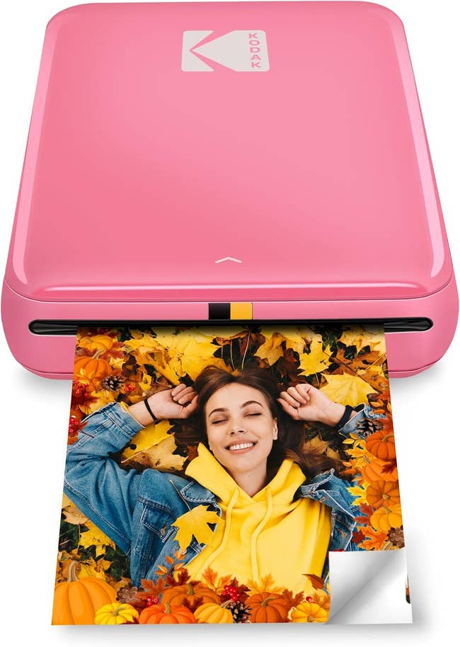 Portable photograph  printer with a printed representation  of a smiling idiosyncratic   lying connected  autumn leaves