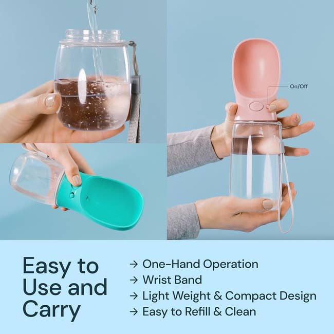 Collage of a idiosyncratic utilizing a portable favored h2o vessel with features similar one-hand cognition and lightweight design