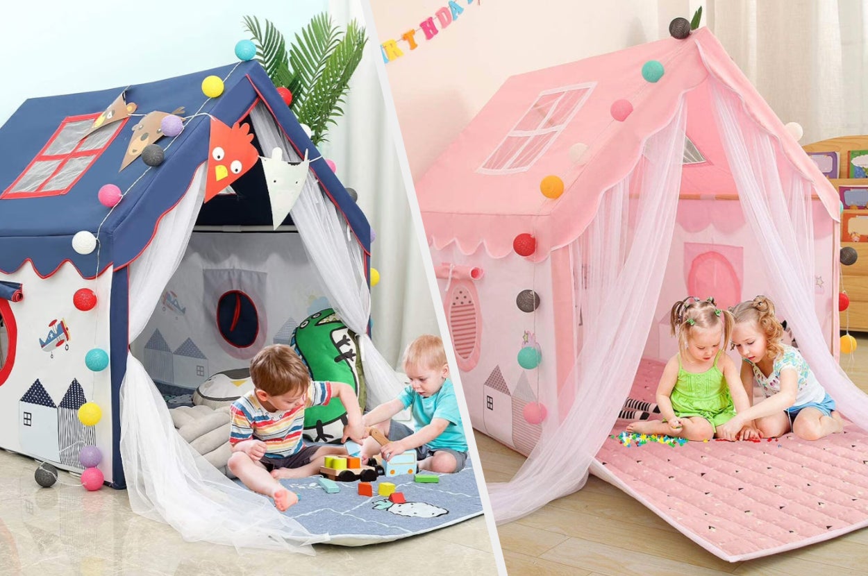 Split image of blue and pink tent options