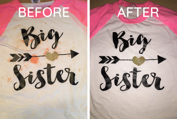 Reviewer before and after pic of a shirt with stains and then without