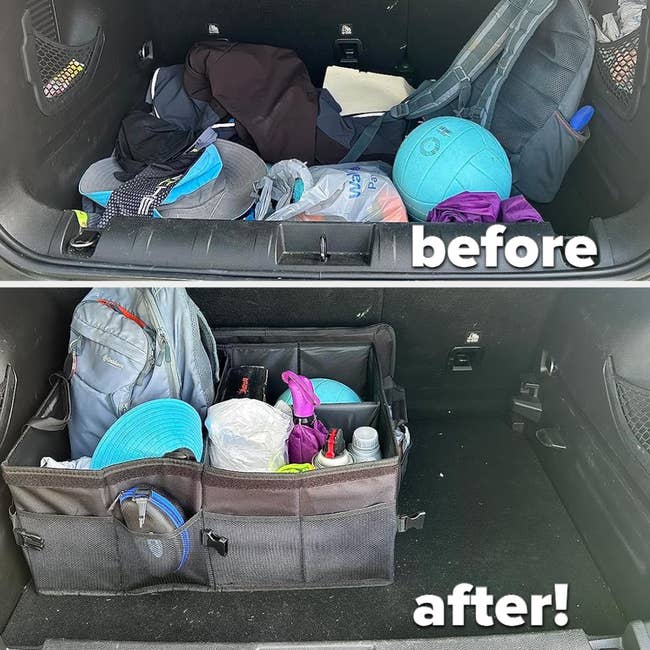 top: reviewer before photo of trunk filled with clutter / bottom: after photo of it all stored neatly in the trunk organizer