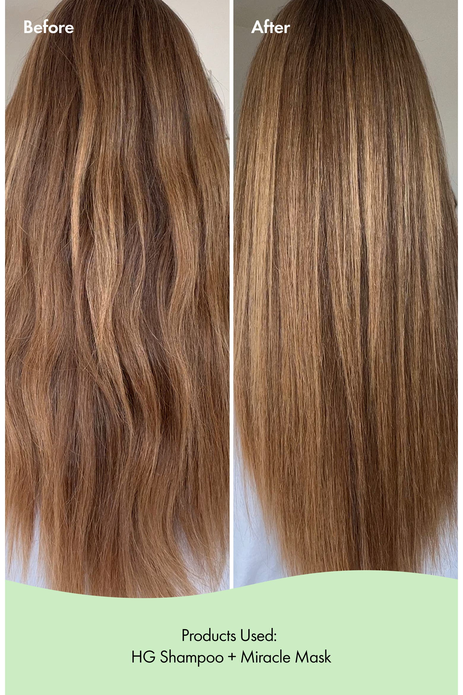 Before and aft  photograph  of hairsbreadth  treatment, showing wavy hairsbreadth  transformed to creaseless  and consecutive  with the usage  of HG Shampoo and Miracle Mask