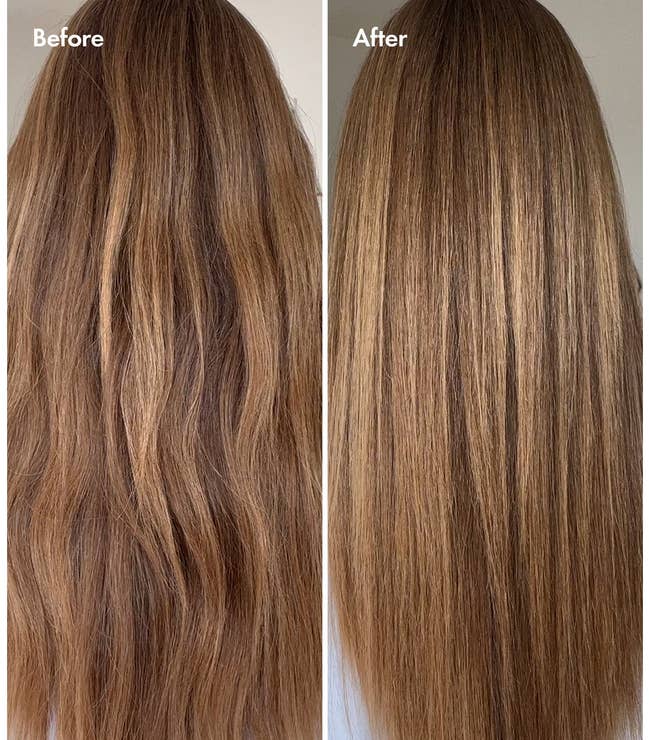 Before and aft photograph of hairsbreadth treatment, showing wavy hairsbreadth transformed to creaseless and consecutive with the usage of HG Shampoo and Miracle Mask