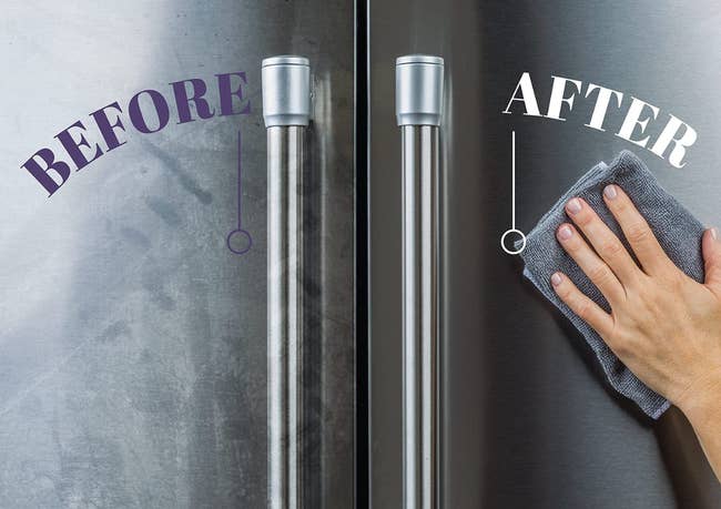 on left, one side of fridge with fingerprint smudges. on right, other side of same fridge without smudges with hand wiping them off with a cloth and the cleaner