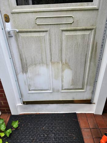 front door that's covered in dirt and mold, with the bottom half looking much whiter because it's been cleaned