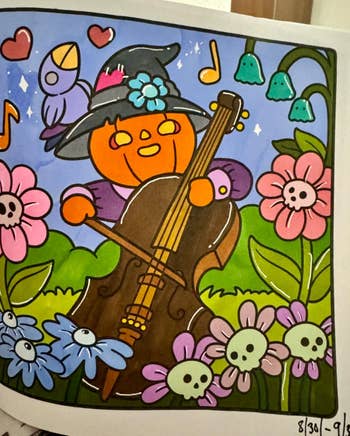 An illustration depicts a pumpkin quality  successful  a witch chapeau  playing a cello amidst flowers, including skull-themed and regular   blossoms
