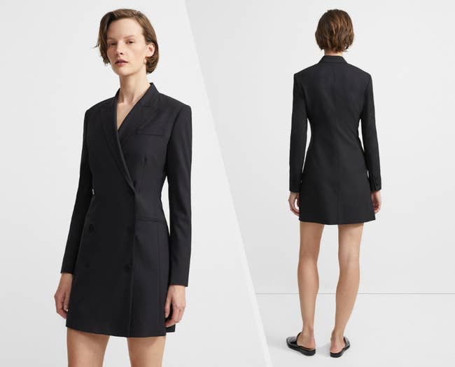 Two images of a model wearing the black blazer dress