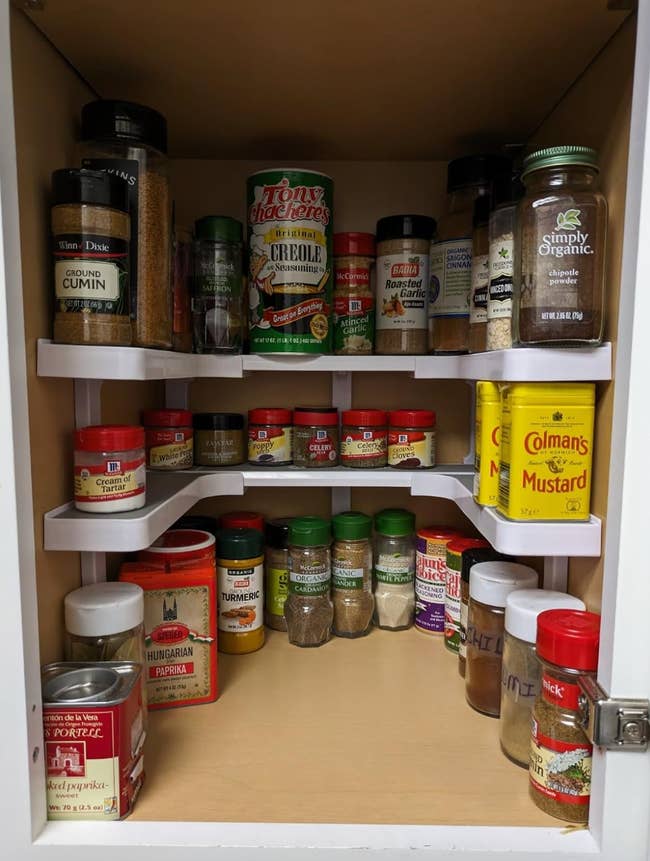 A neatly organized two tier spice rack with various herbs and seasonings in a cabinet 