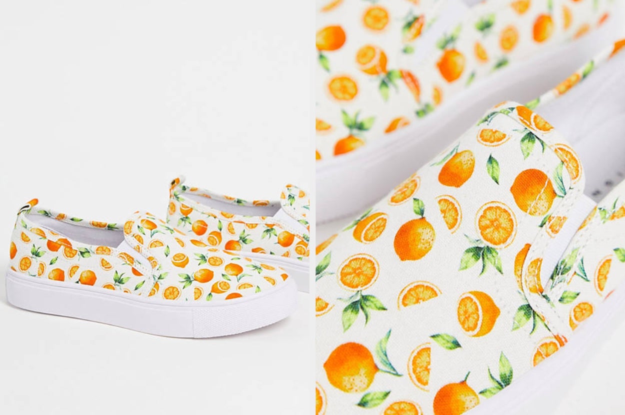 Two images of the orange print canvas sneaker