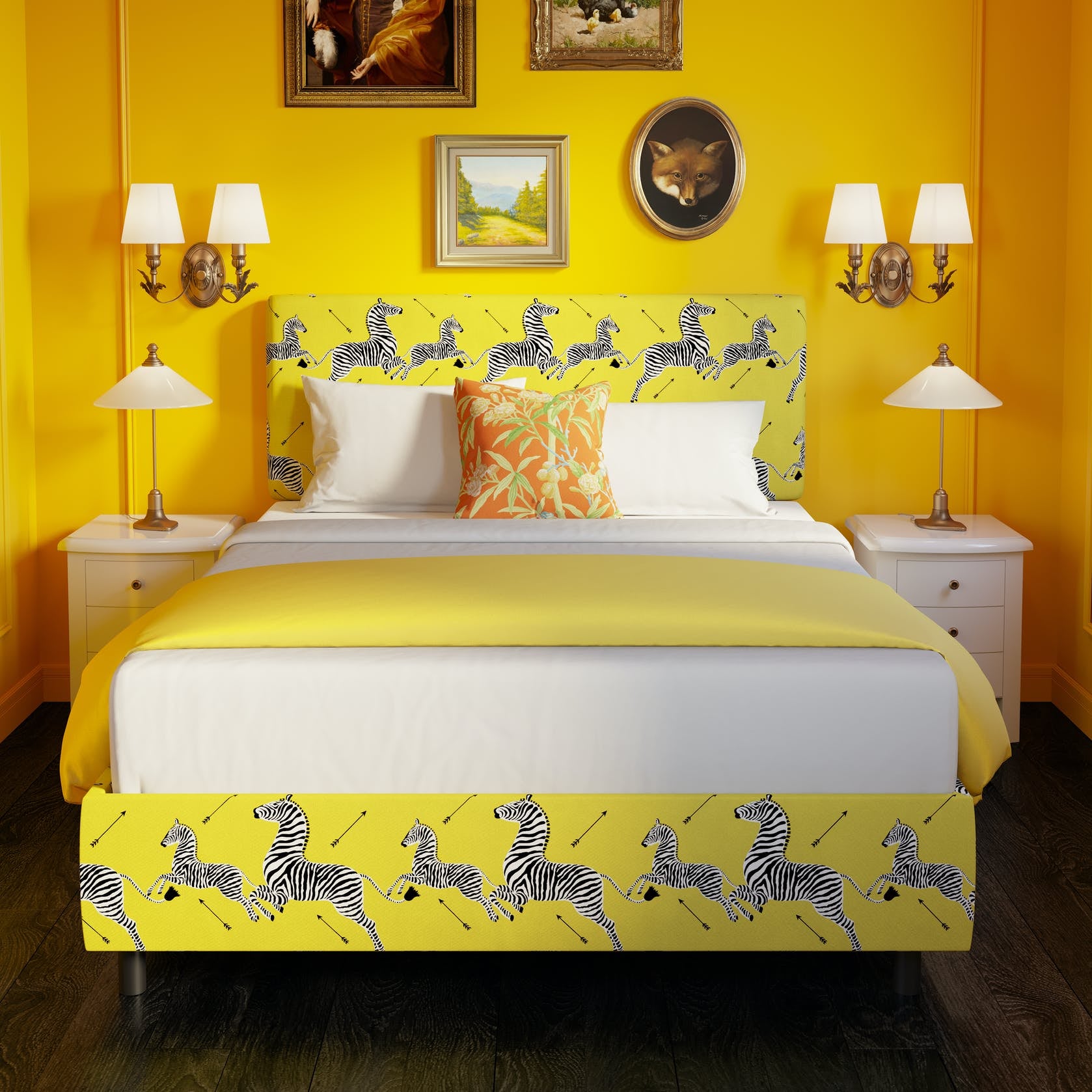 the yellow bed frame upholstered with Scalamandre zebra fabric
