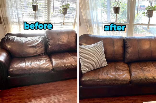 Before and after photos of a leather sofa, the after photo shows a decorative pillow added
