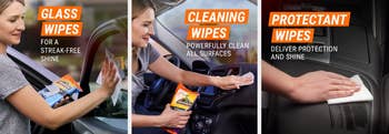 Three images of model using wipes to clean car