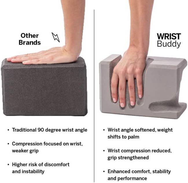 Two yoga block comparison for ergonomic support, one flat and one with contoured design for improved comfort and stability