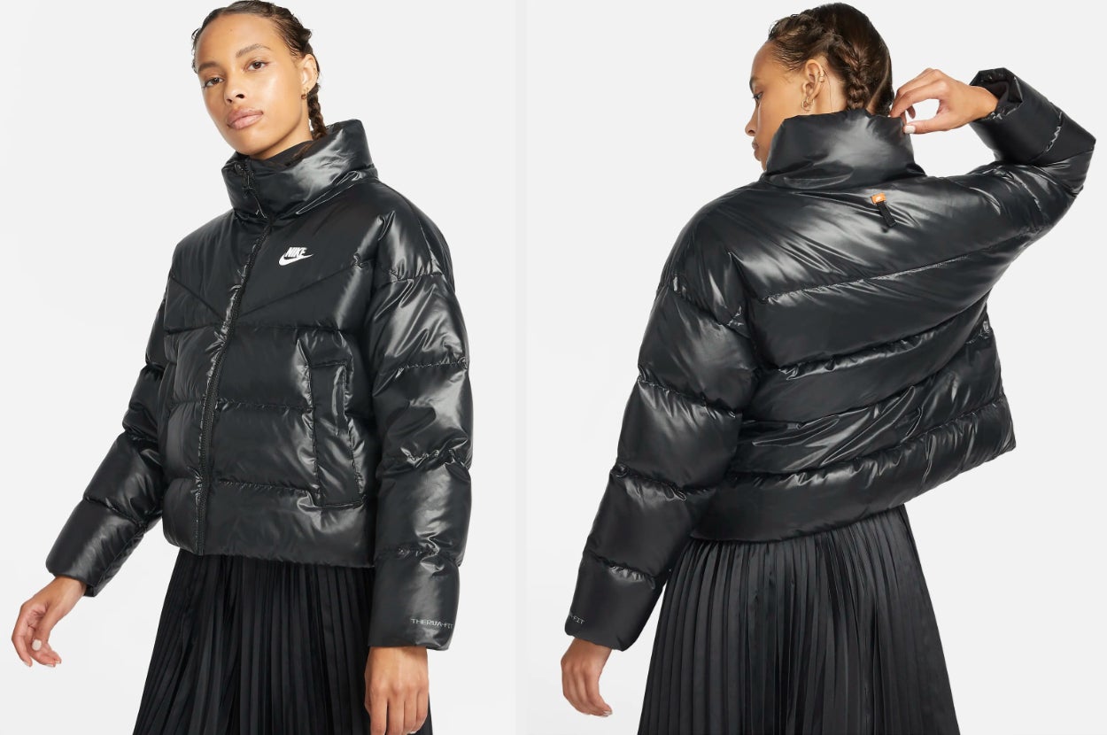 Two images of a model wearing the black jacket