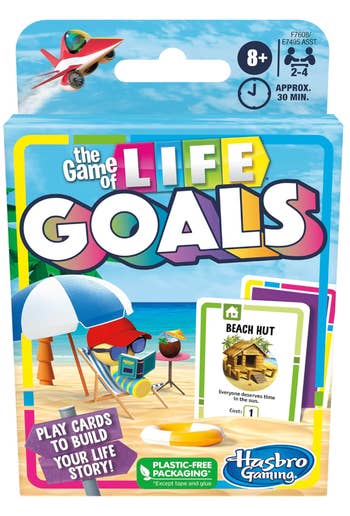 The Game of Life: Goals card game package with beach theme. Suggested for ages 8+, 2-4 players, approx. 30 min playtime