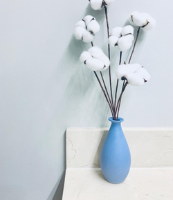 a powder blue vase holding cotton stems
