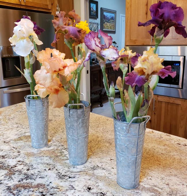 Reviewer image of three silver farmhouse-inspired flower vases with flowers inside on top of counter