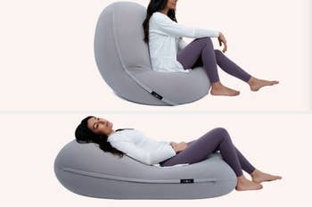 Model sitting upright in product and model laying down flat in product on a cream background