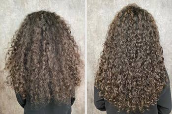 Before and after images of curly hair. The left shows dry, frizzy curls, and the right shows defined, moisturized curls after using a hair treatment