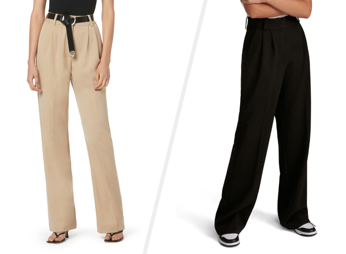 Two images of models wearing the beige and black pants